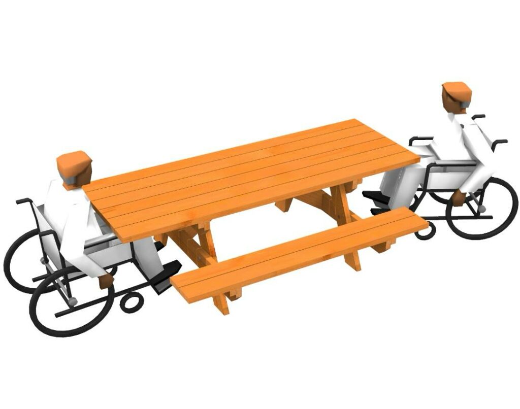3D d'une table en bois 6 places avec 2 places PMR